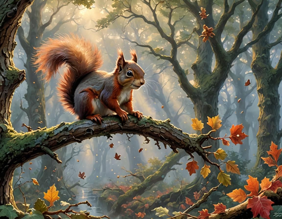 Red Squirrel on Oak Branch in Ethereal Style