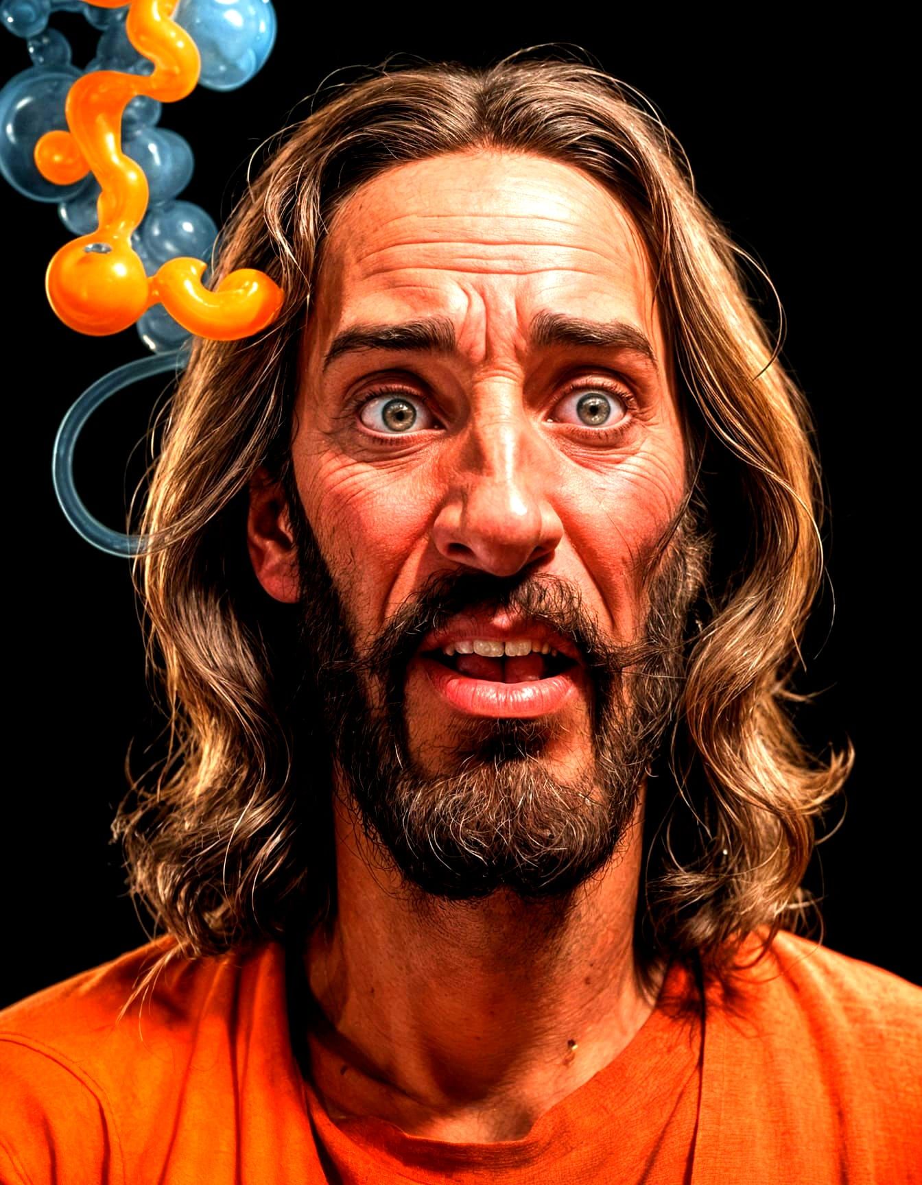 Jesus Caricature as Grumpy Clown on Film