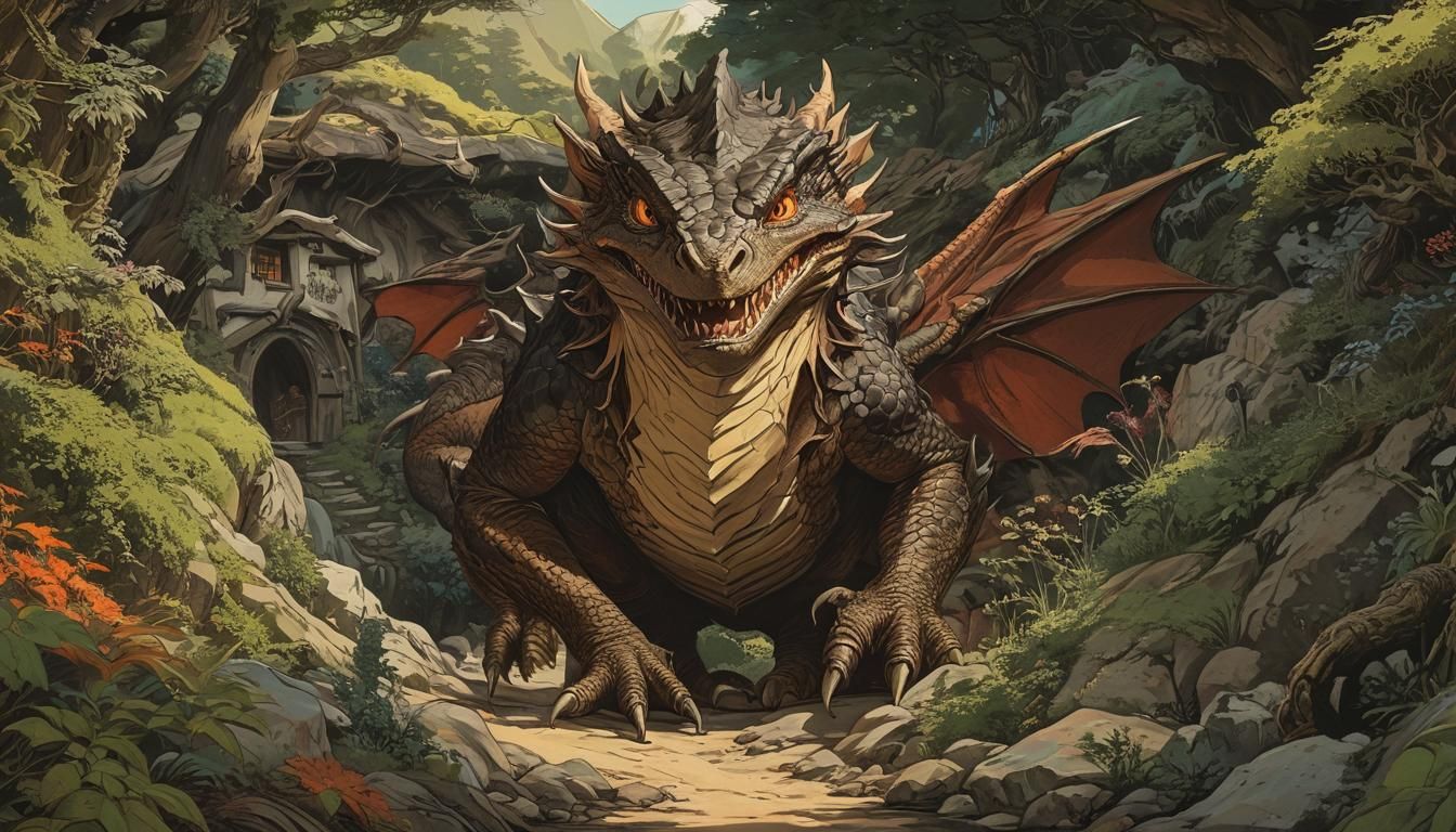 Portrait Anthropomorphic Smaug Visiting The Hobbit Shire Ukiyo-e Hyperdetailed Ralph Bakshi Eshi Otawara