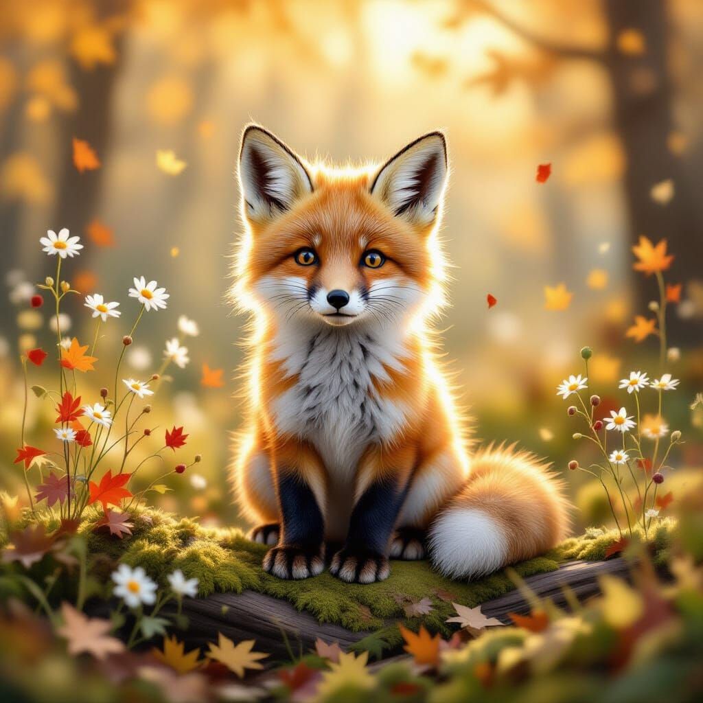Fluffy Fox Cub in Golden Autumn Forest