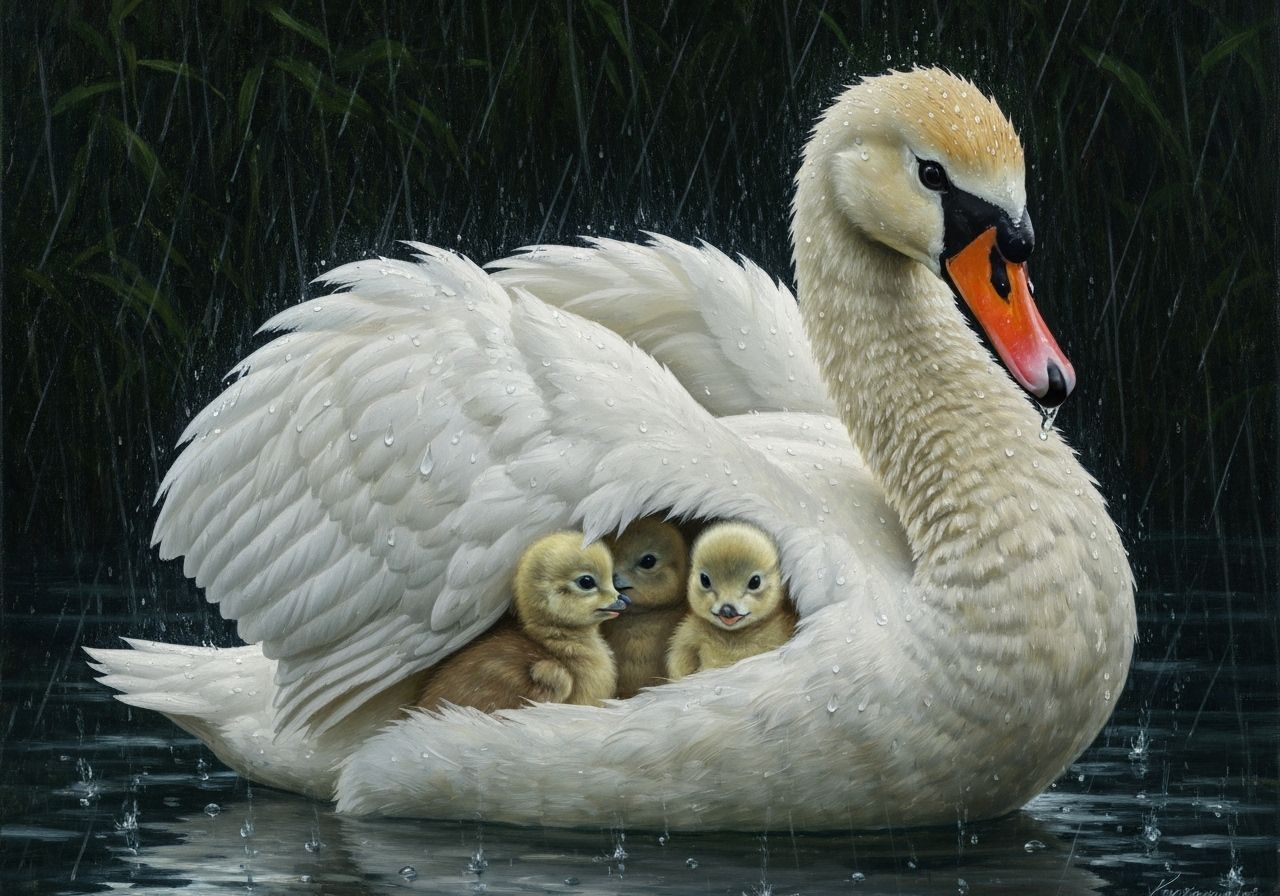 Impressionist Mother Swan Shields Chicks From Rain