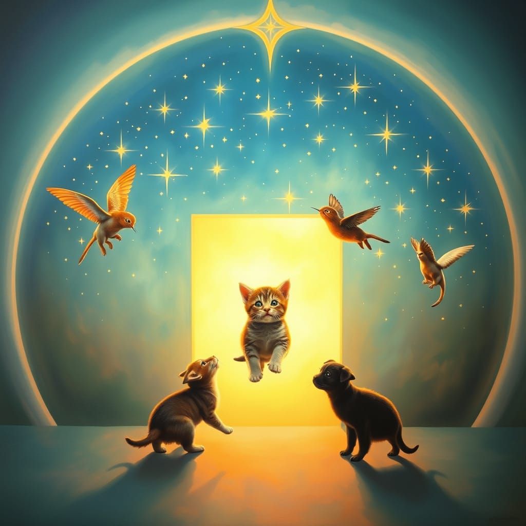 Ephemeral doorway rebirth stars flying puppies psychedelic kittens painting James Turrell.