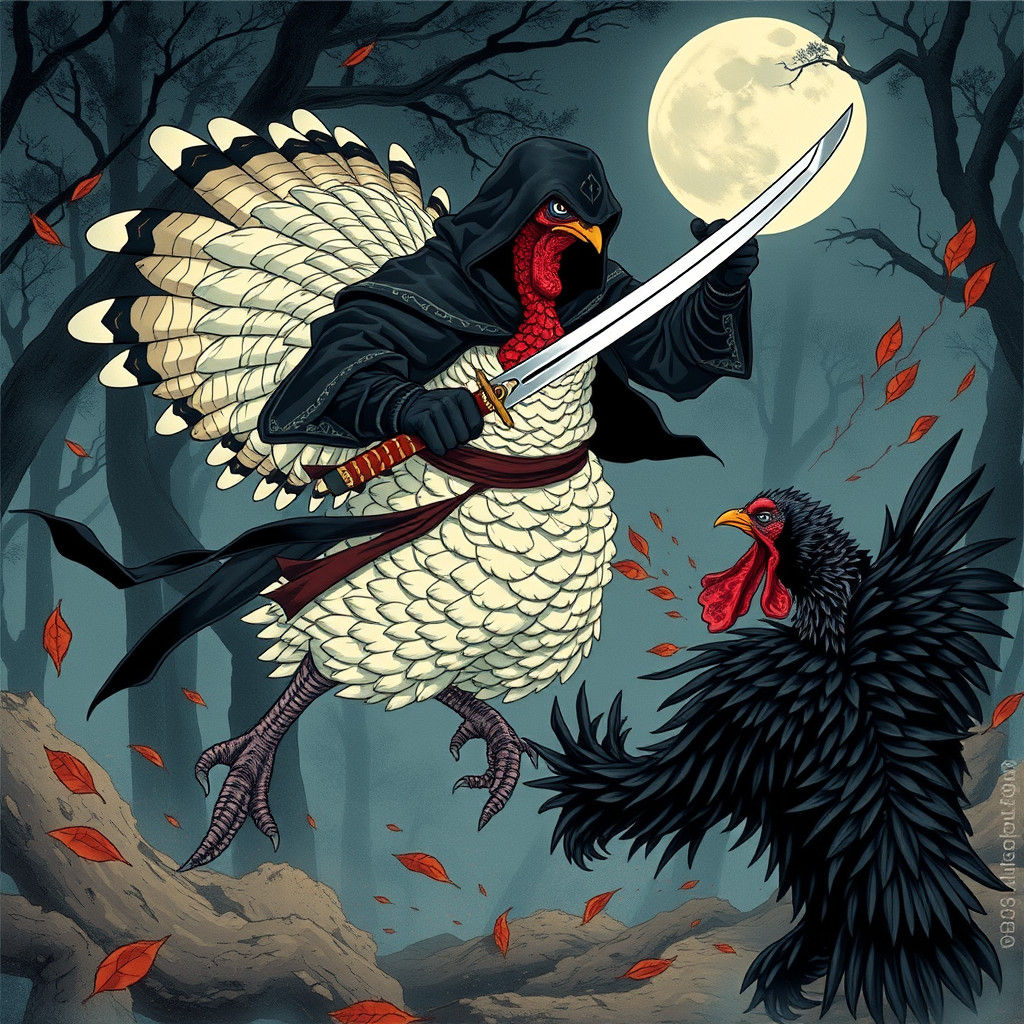 Ninja Turkey Warrior in Moonlit Forest Battle