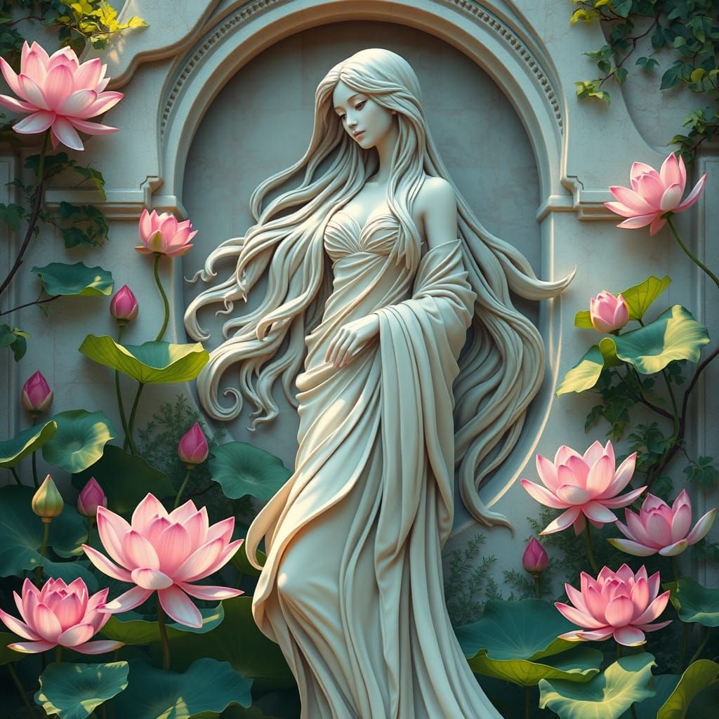 Marble Statue of Woman in Serene Garden