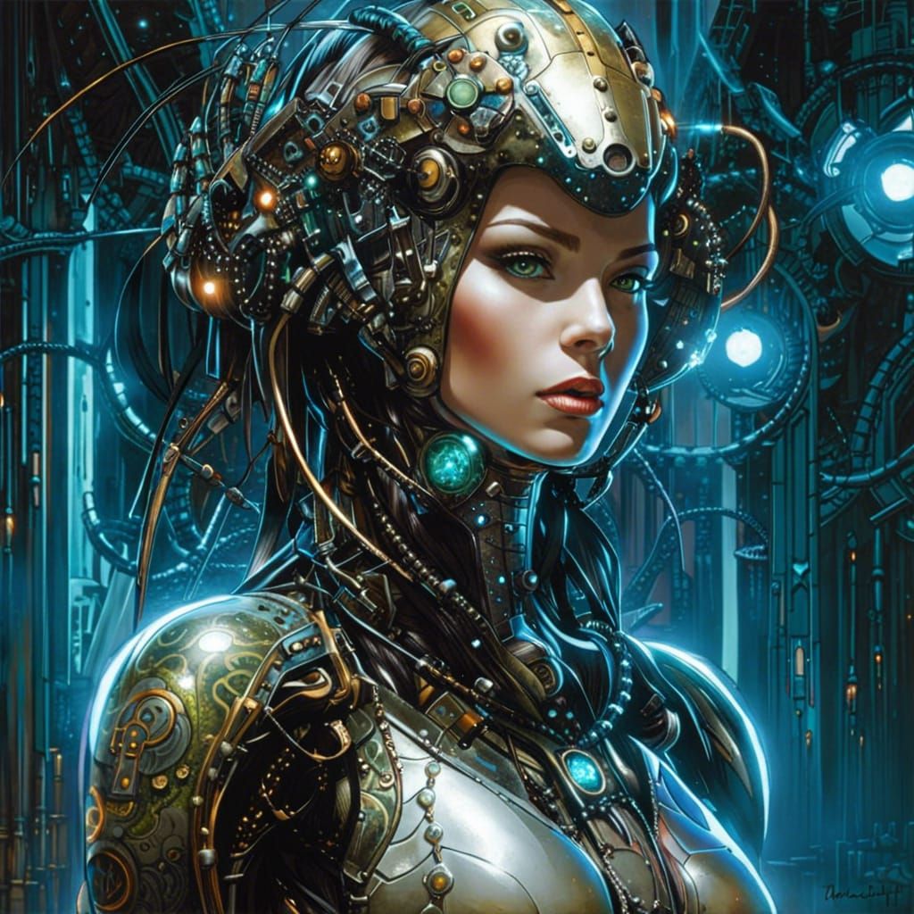 Glamorous Biomechanical Cyborg Pin-Up in Bioluminescent Glow