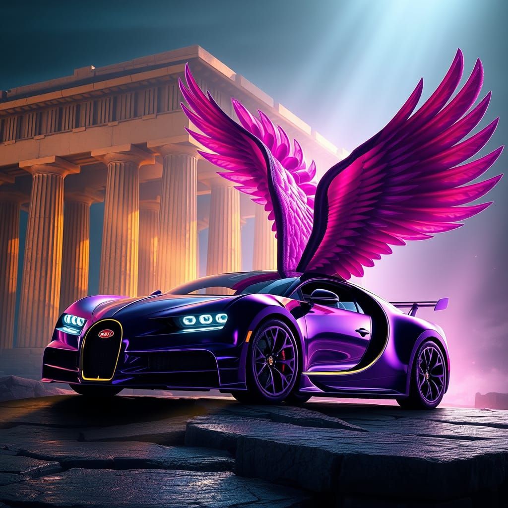 Cosmic Satin Bugatti Ascends Ancient Columns