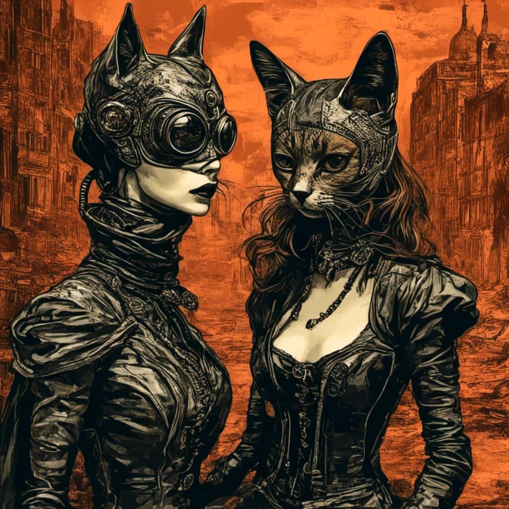 Android Cat and Cyborg Detective on Mars