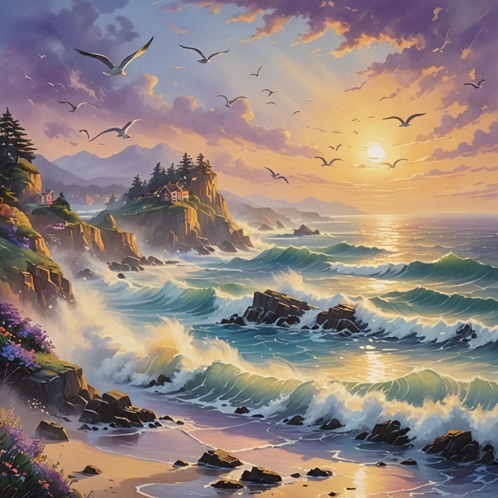 Ethereal West Wind Gouache Painting of Rugged Coast