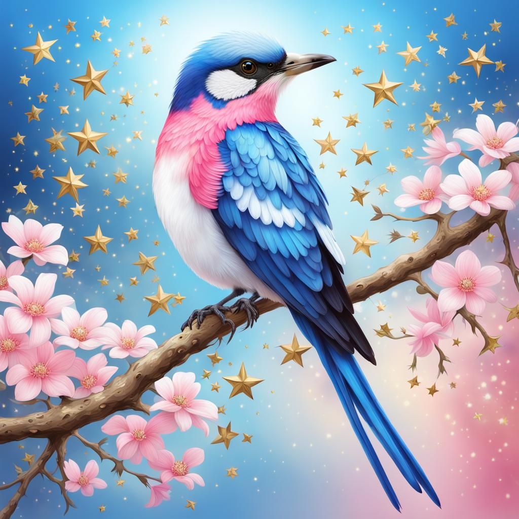 Gorgeous Bird with Long Tail and Gold Stars