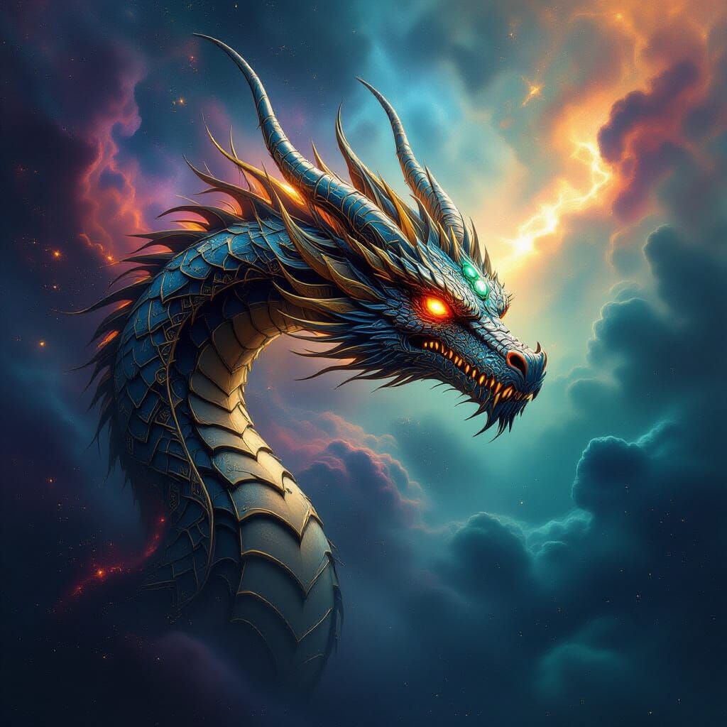 Biomechanical Dragon Soaring Through Iridescent Nebula