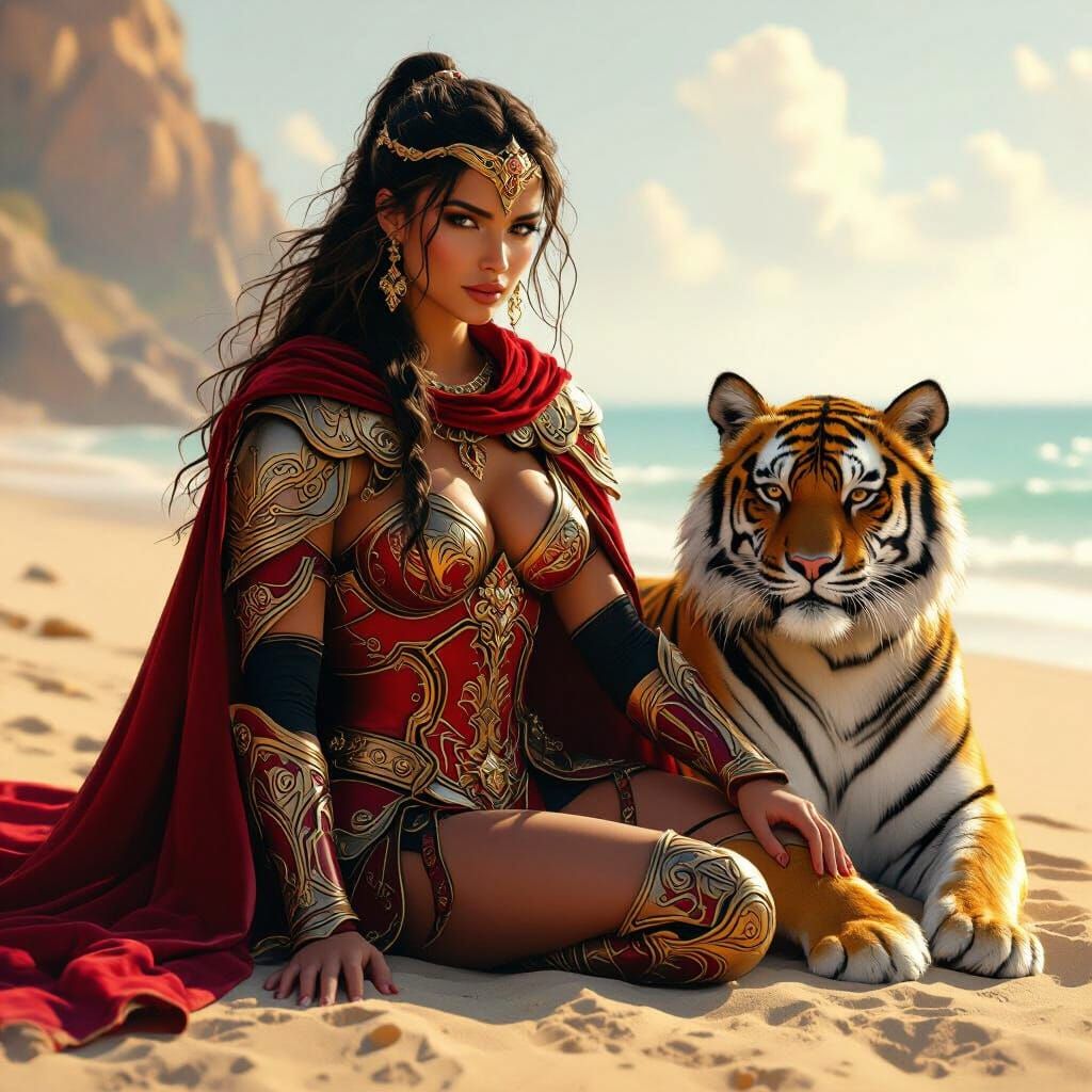 Warrior Princess on Sun-Kissed Beach, in Frazetta Style