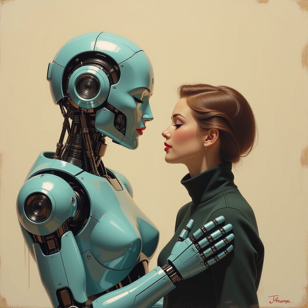 Robot Woman's Heartbreak: An Oil Painting