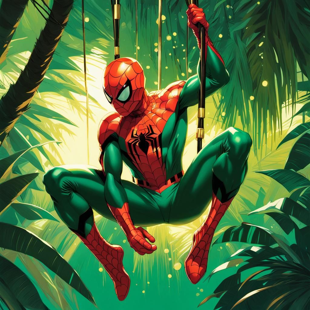 Spiderman in Jungle: Hyper-Realistic Art Nouveau Style