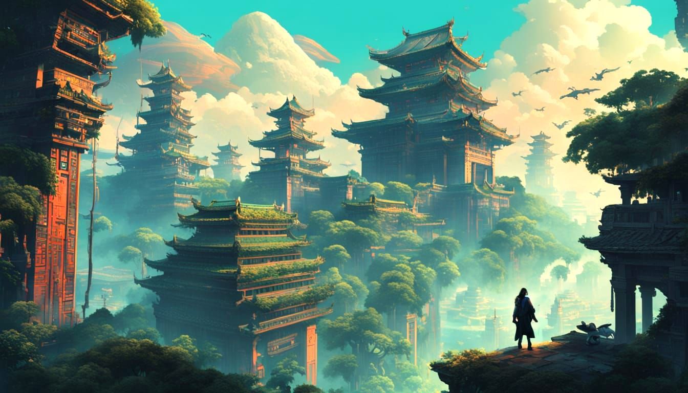 Jungle Ruins Meet Neon Cityscape