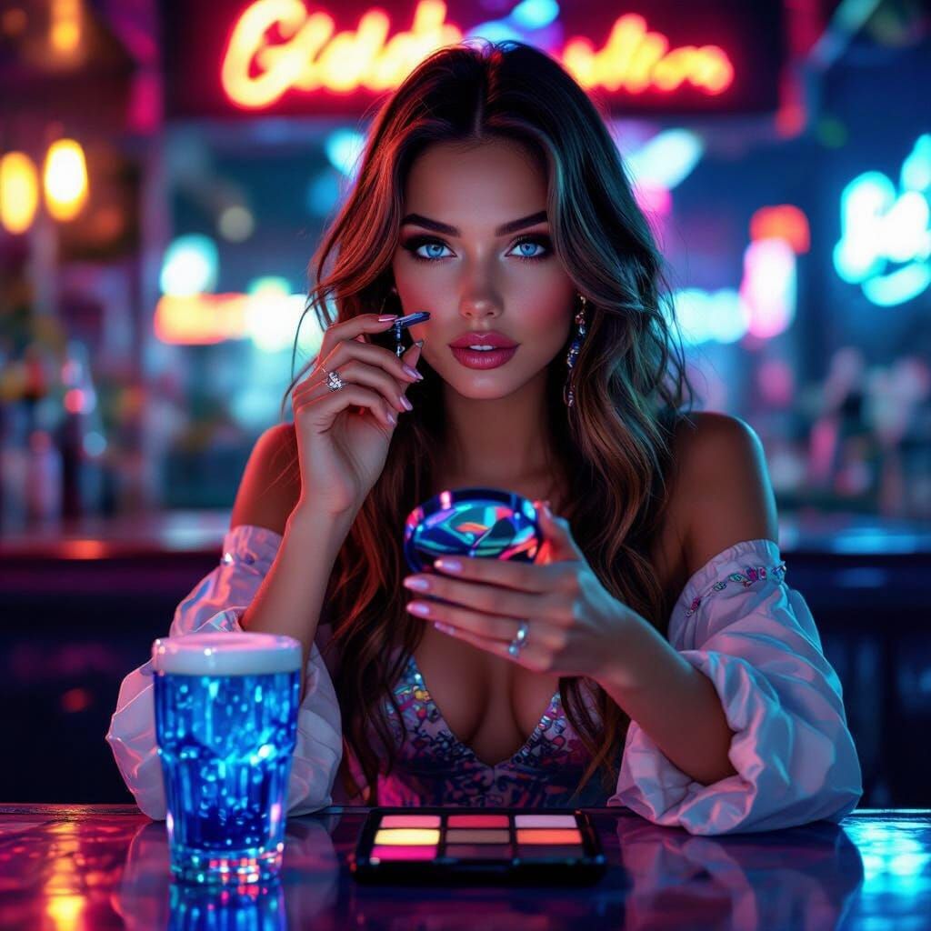 Young Woman in Neon Bar: Photorealistic AI Art