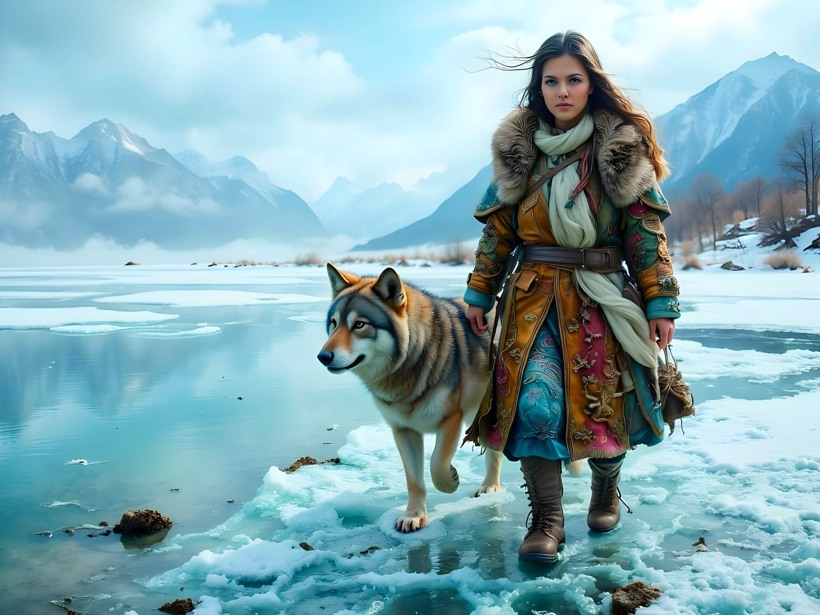 Nomadic Woman and Wolf on Frozen Lake