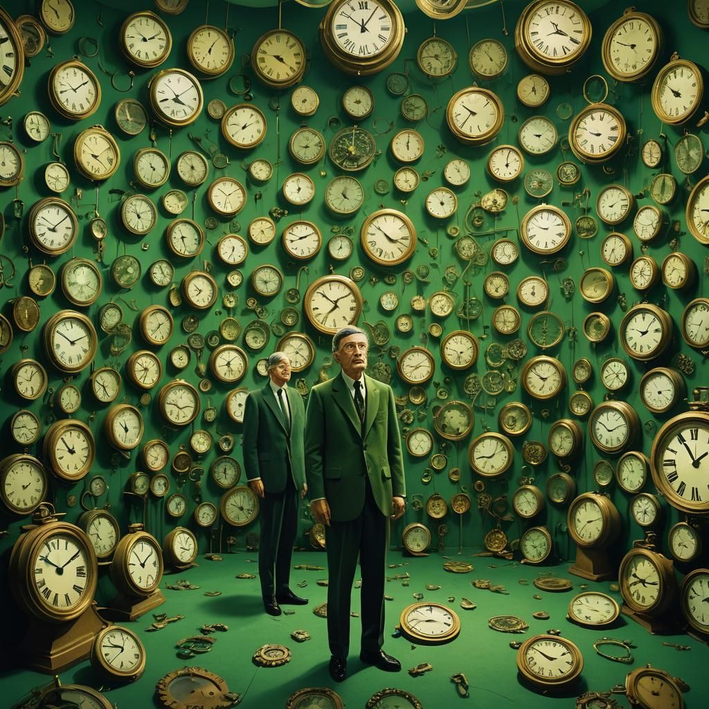 Surreal Green Room with Melting Clocks