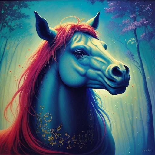 Surreal Woman with Horse Head in Mystical Forest