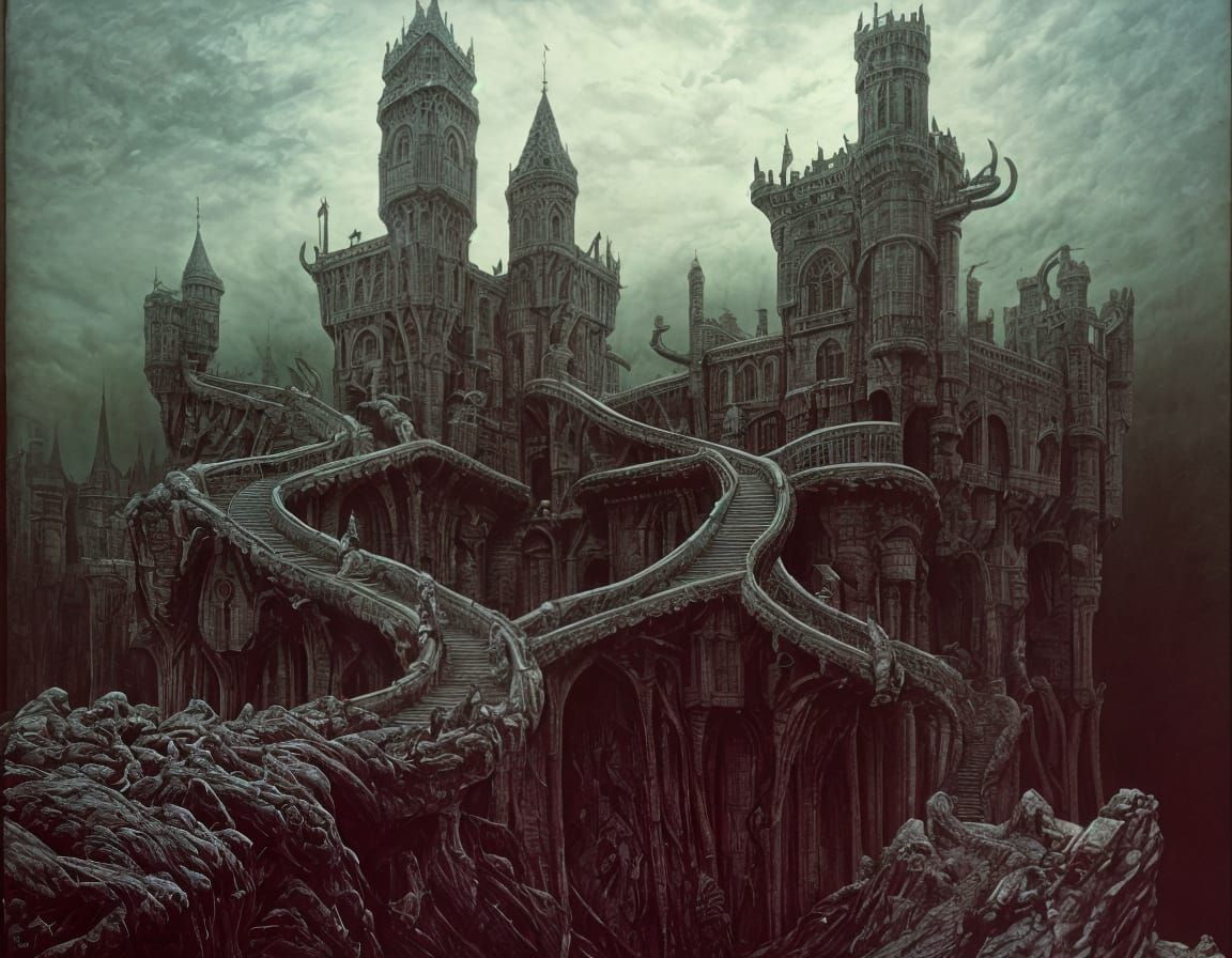 Surreal Castle Landscape in Dark, Intricate Style