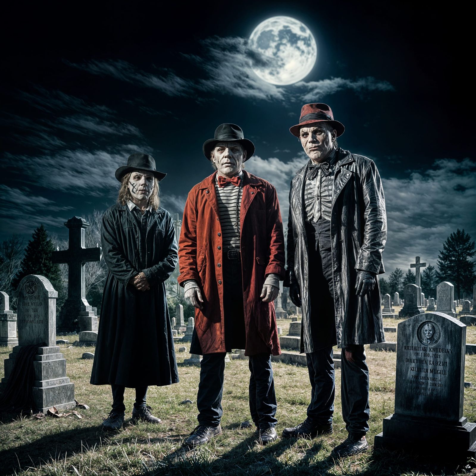 Horror Icons in Cemetery: Michael Myers, Freddy, Jason