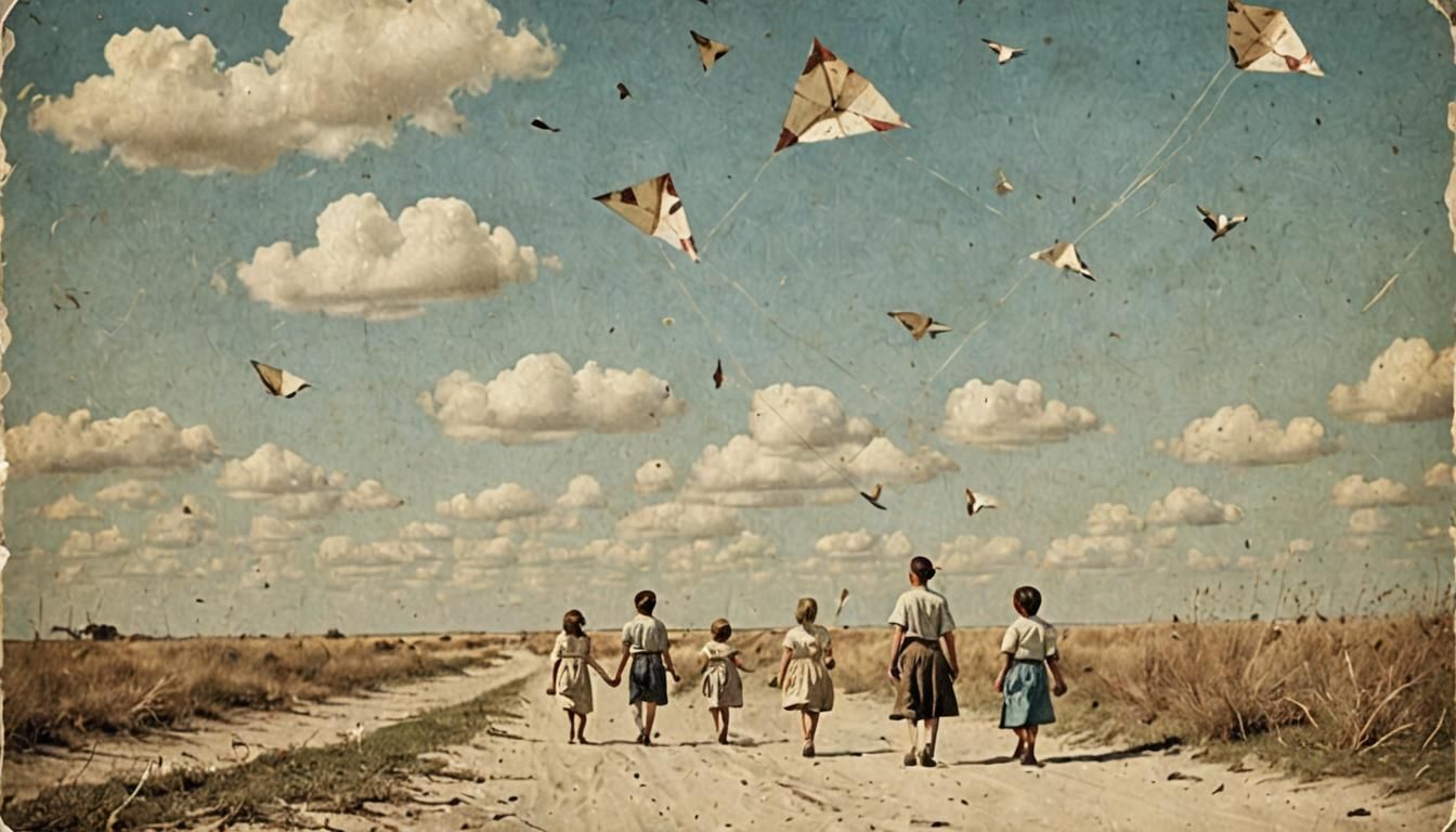 A beautiful A large sandy landscape. white clouds and birds in the blue sky. I see five blue-eyed children in the face w...