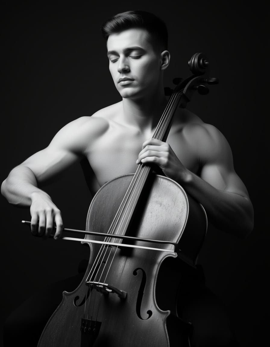 Muscular Cellist in Dramatic Black and White Photograph