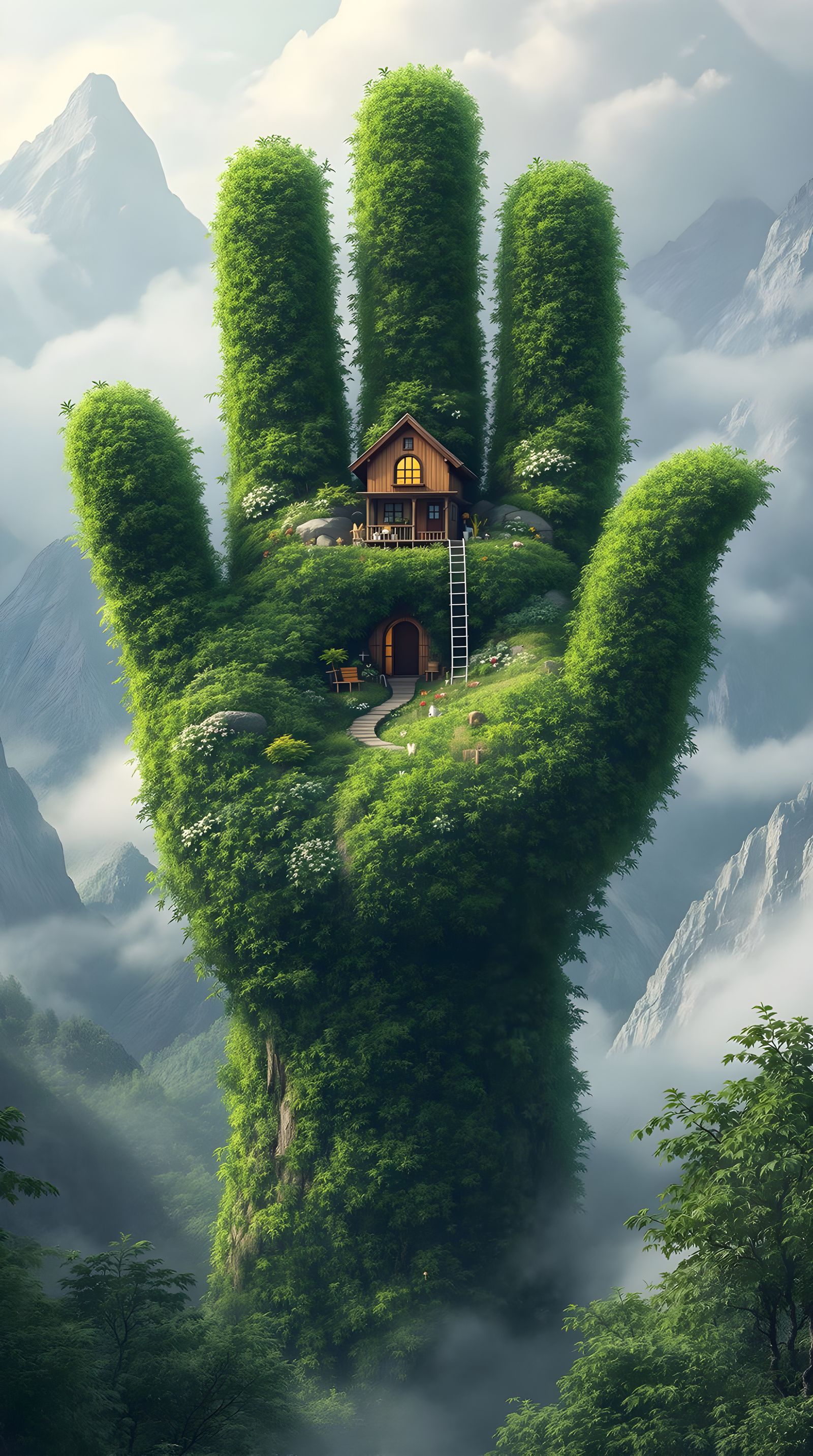 Enchanted Garden Sanctuary with Majestic Wooden Abode