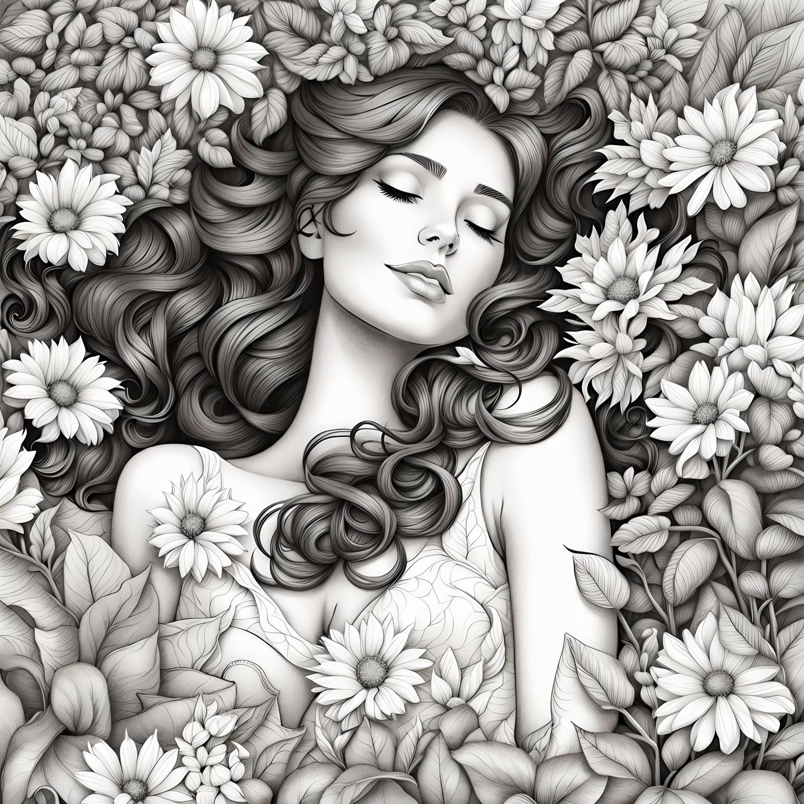 Girl in Flower Garden: Ink Line Drawing