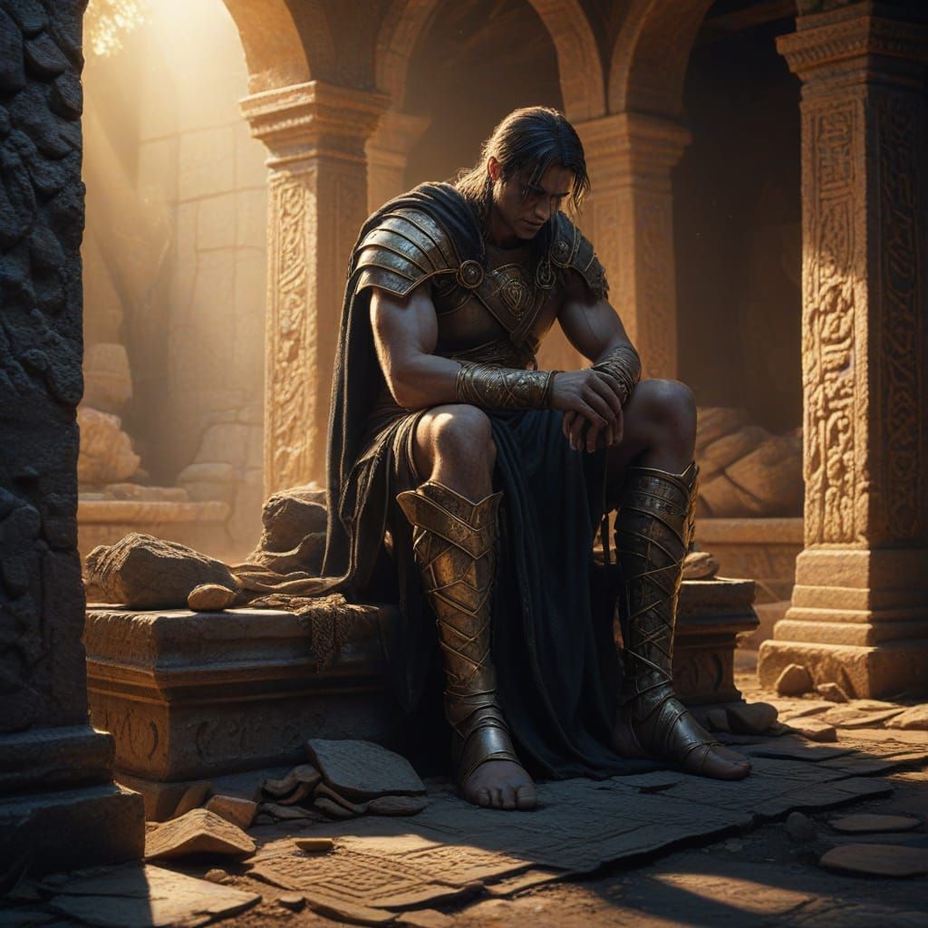 Warrior Rests on Altar with Glowing Relic