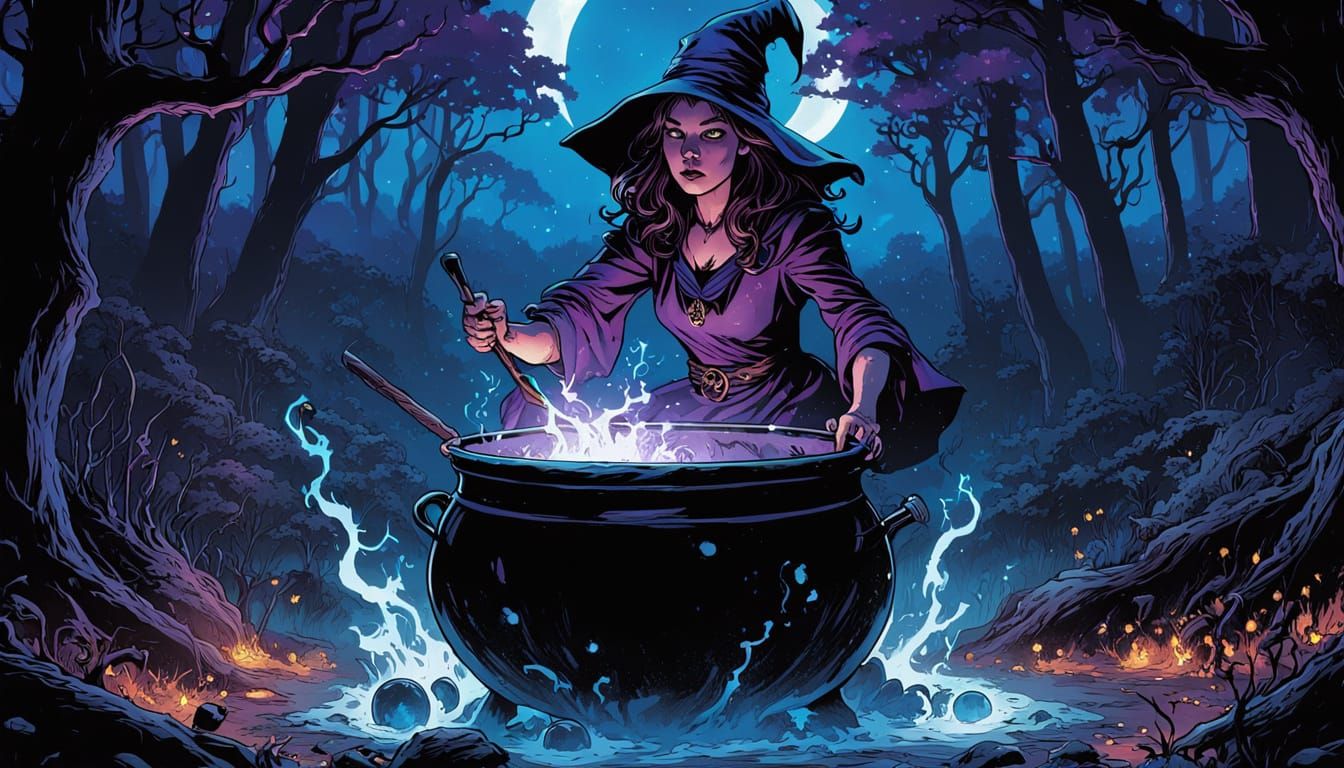 Moonlit Witch Stirring Cauldron in Dark Fantasy Comic Style