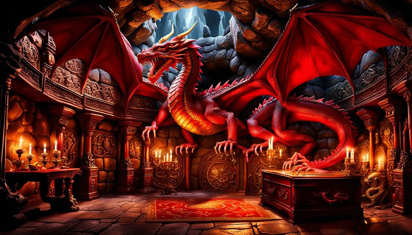 Crimson Dragon Sleeping in Lair with Treasure Vaults