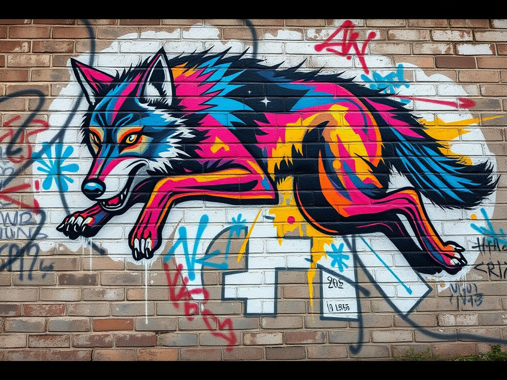 Street Art Mural of a Leaping Wolf