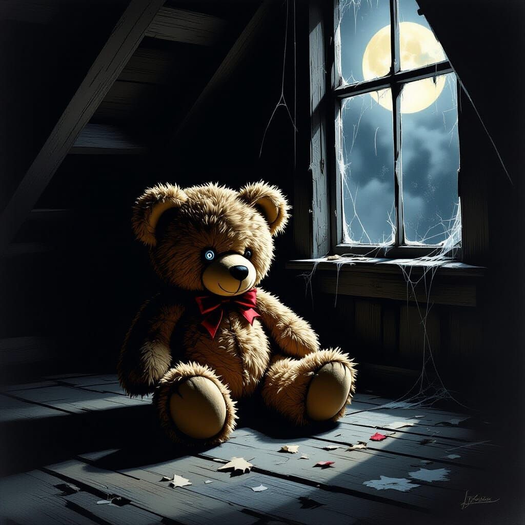 A lone, tattered teddy bear with one button eye missing, sit...
