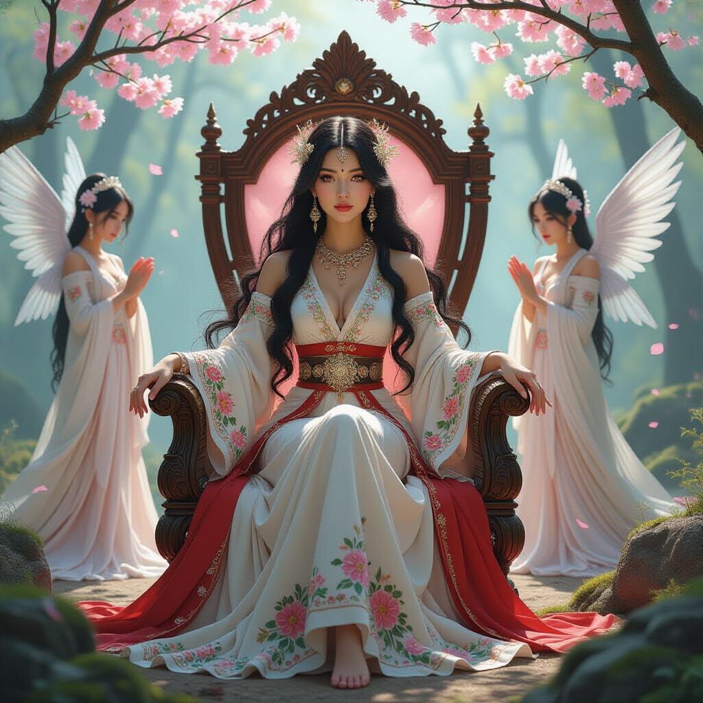 Indian Goddess on Cherrywood Throne, Art Nouveau Style