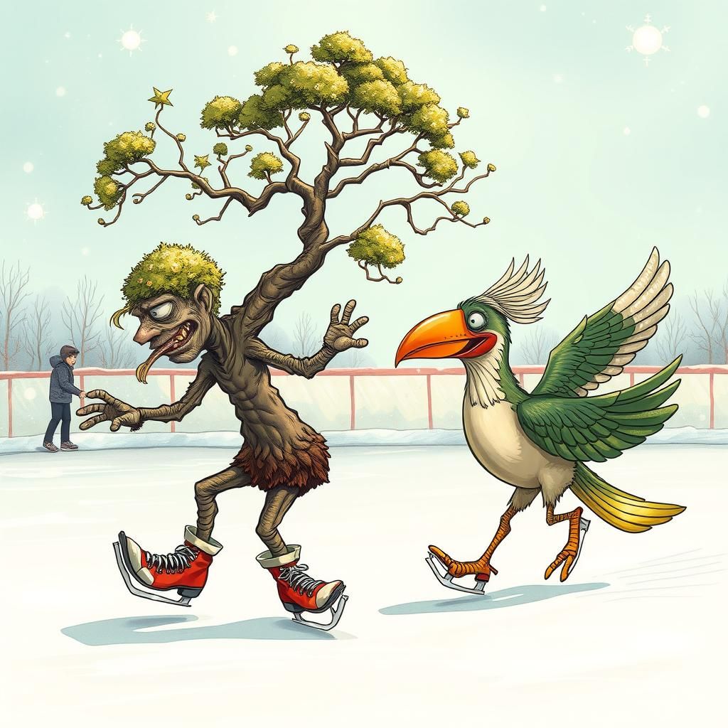 Bonsai Tree and Bird Ice Skating Extravaganza