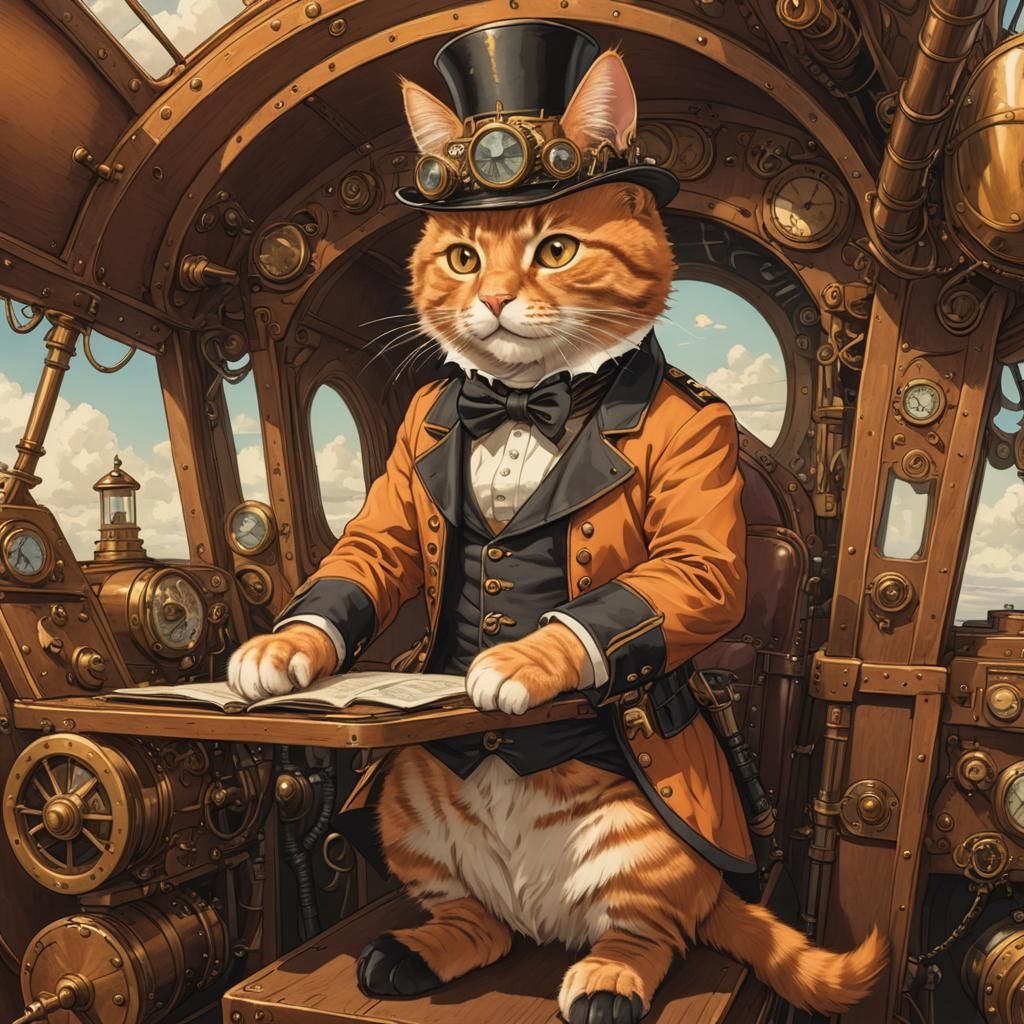 Steampunk Cat Captains Airship in Comic Art Style