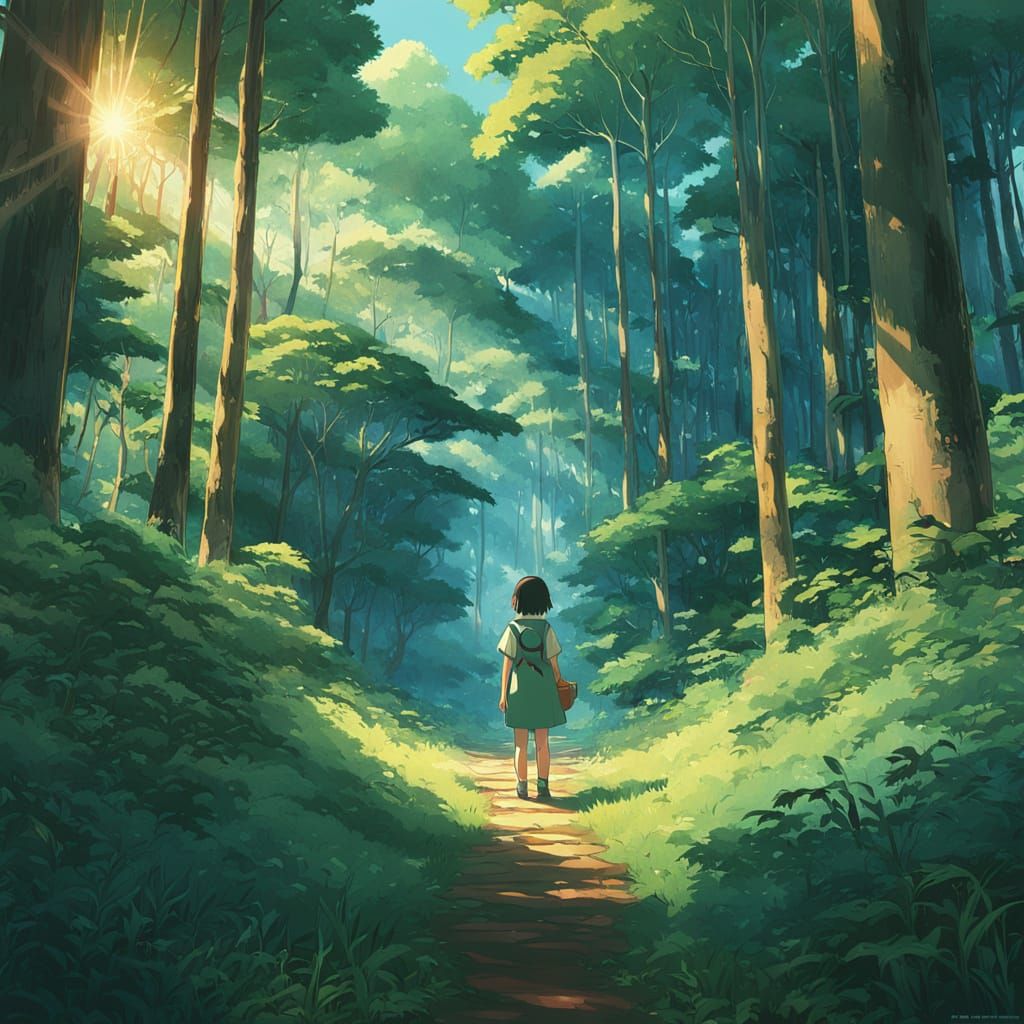 Girl in Forest, Studio Ghibli Style Illustration