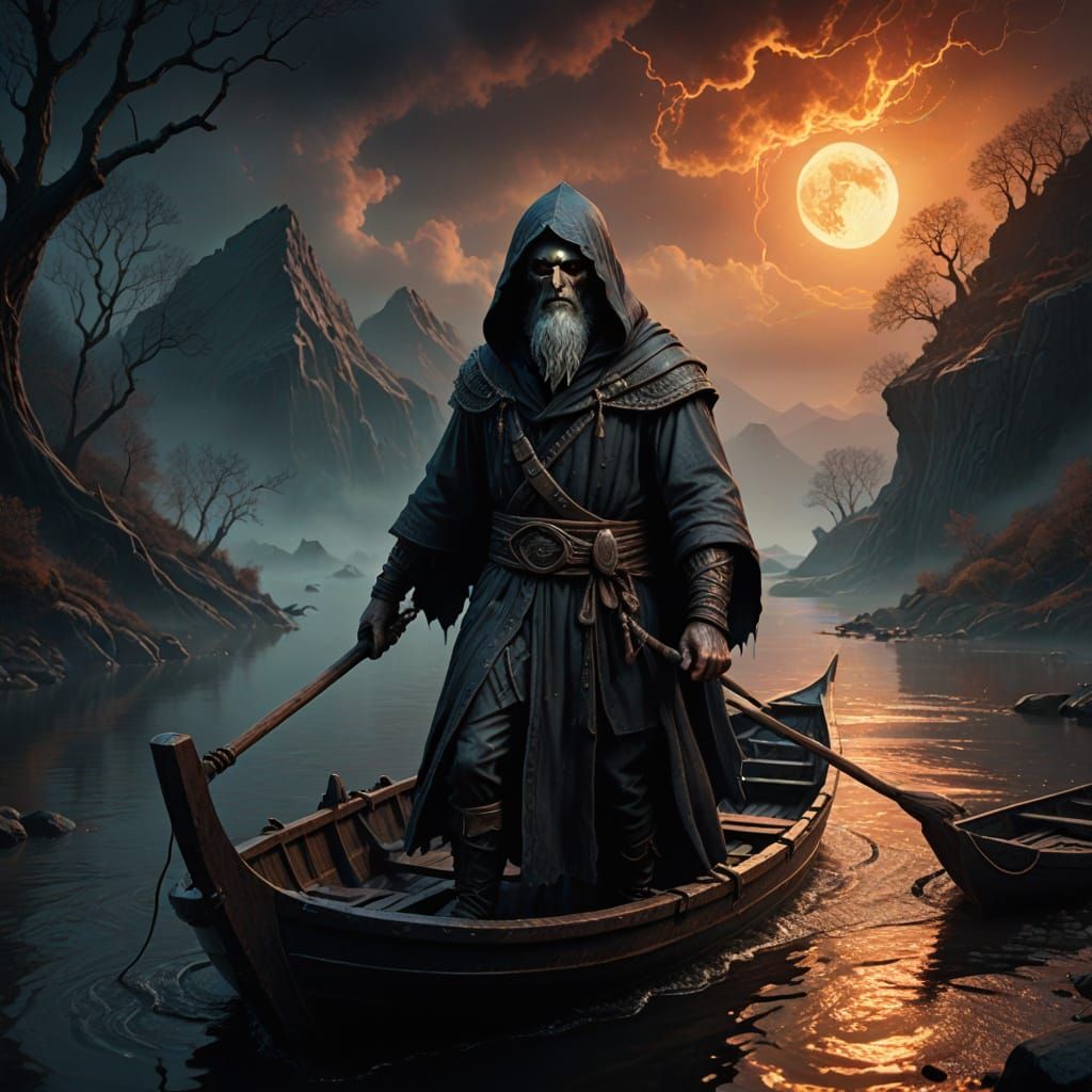 Mysterious Ferryman in a Dark Fantasy Landscape