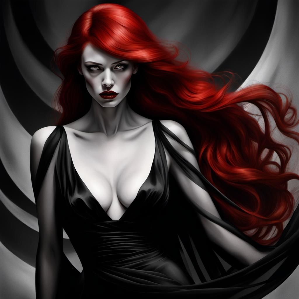 Sensual Woman in Black Dress, Surreal Art Deco Style