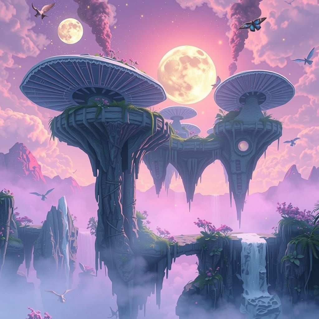 Ethereal Dreamworld with Floating Islands and Lavender Mist