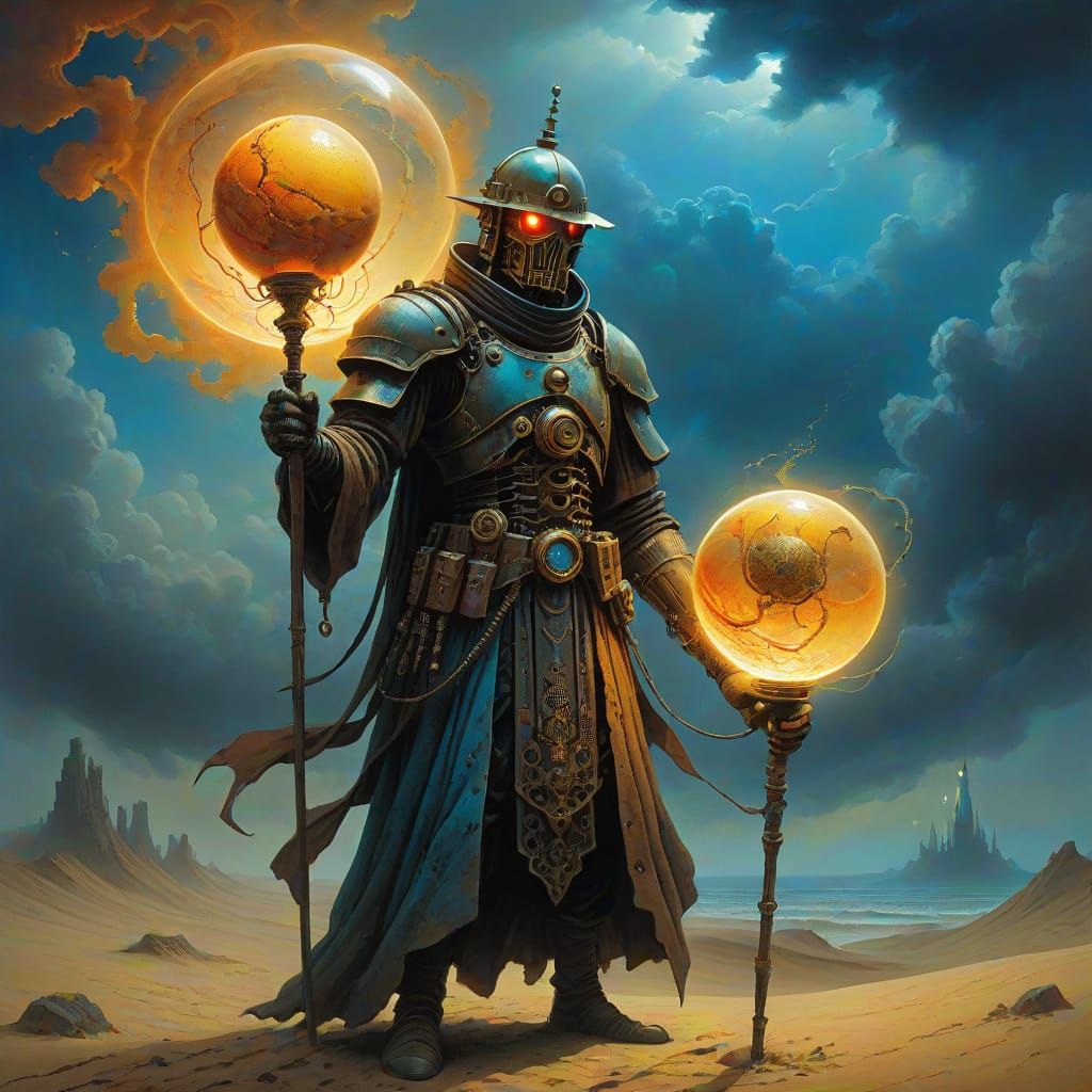 Steampunk Cyborg Sand Wizard with Glowing Orb
