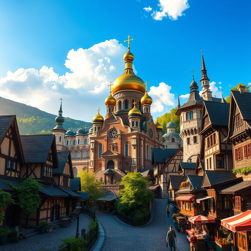 Medieval Town with Orthodox Church, Golden Domes