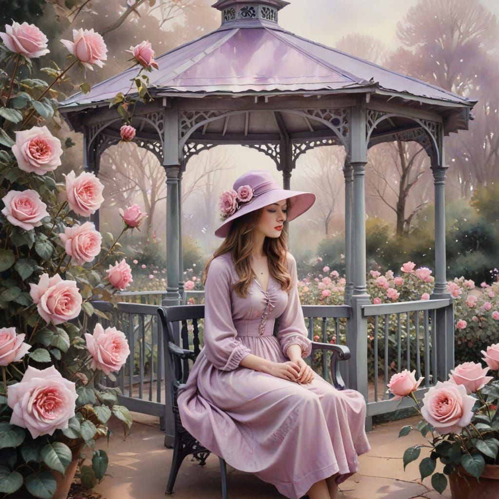 Lady in Purple Hat Gazing at Freezing Roses in Watercolor St...