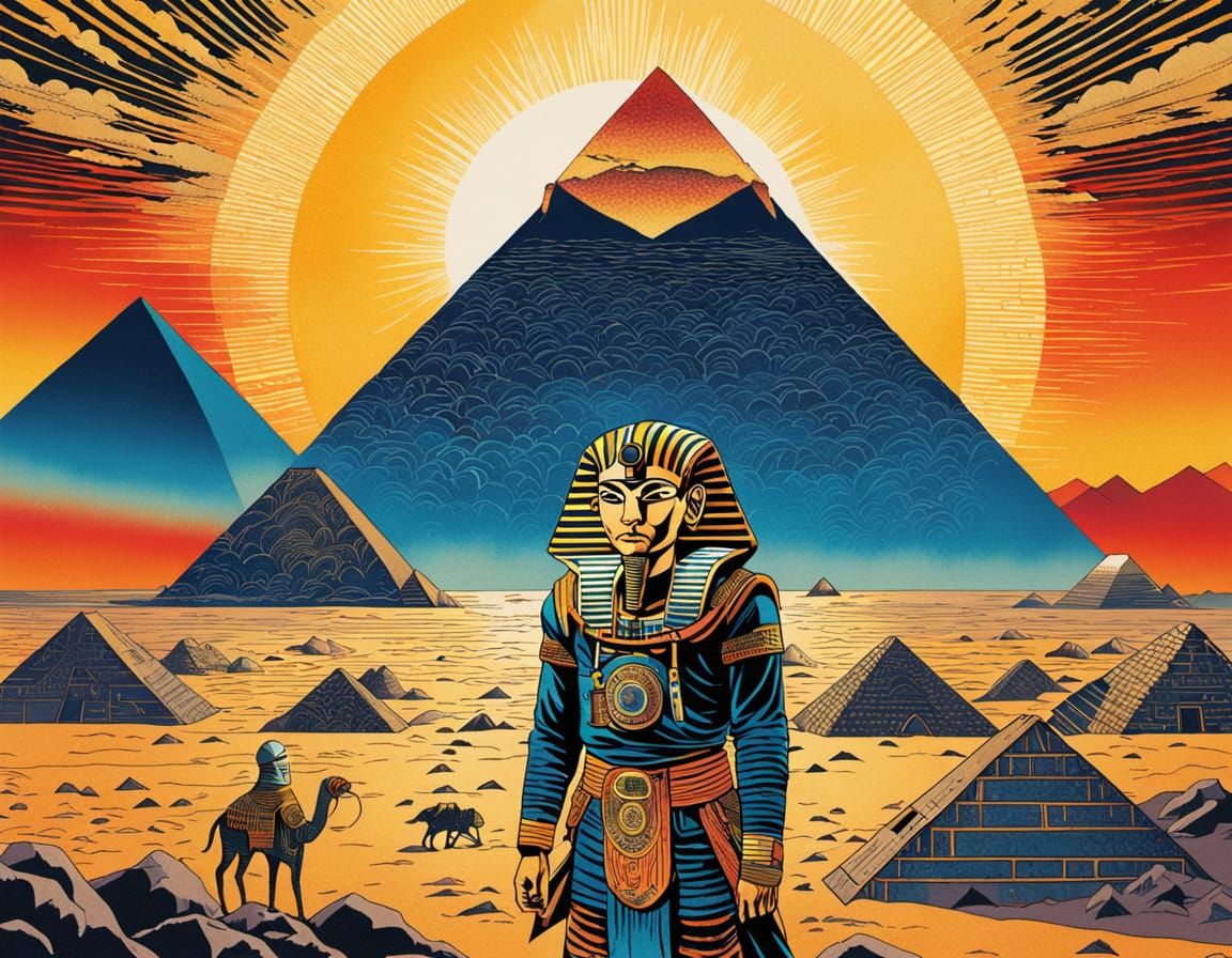 King Tut Astronaut in Japanese Woodblock Print