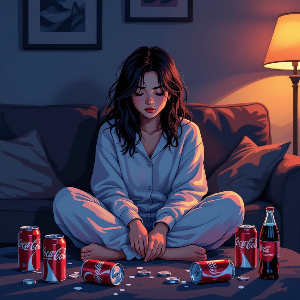 Exhausted Person Surrounded by Coca Cola, in Cyberpunk Style