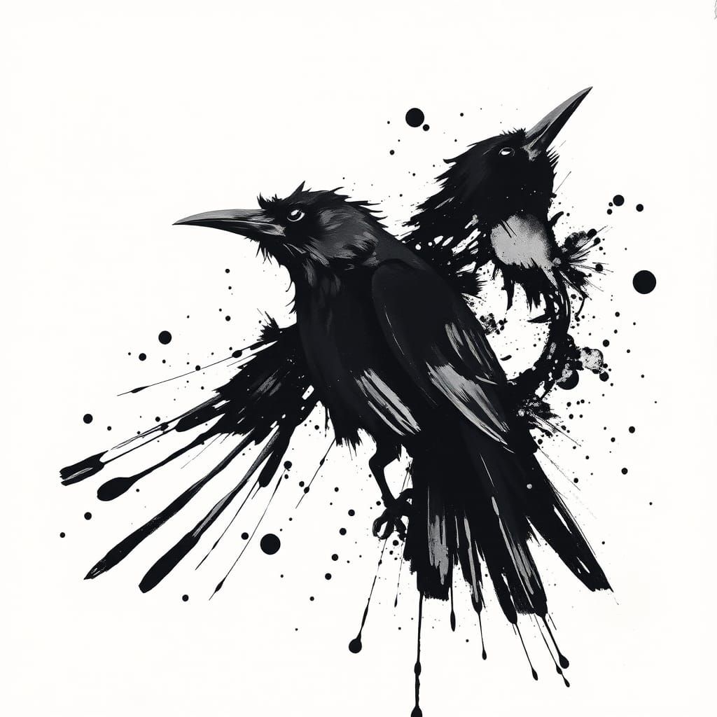 Abstract Crows in Indian Ink Painting
