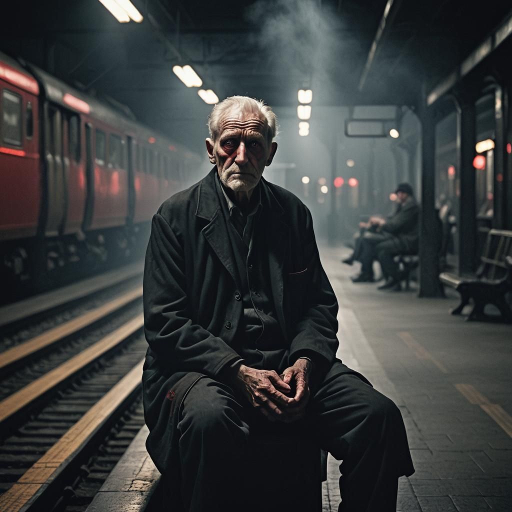 Eerie Old Man with Red Eyes at Train Station