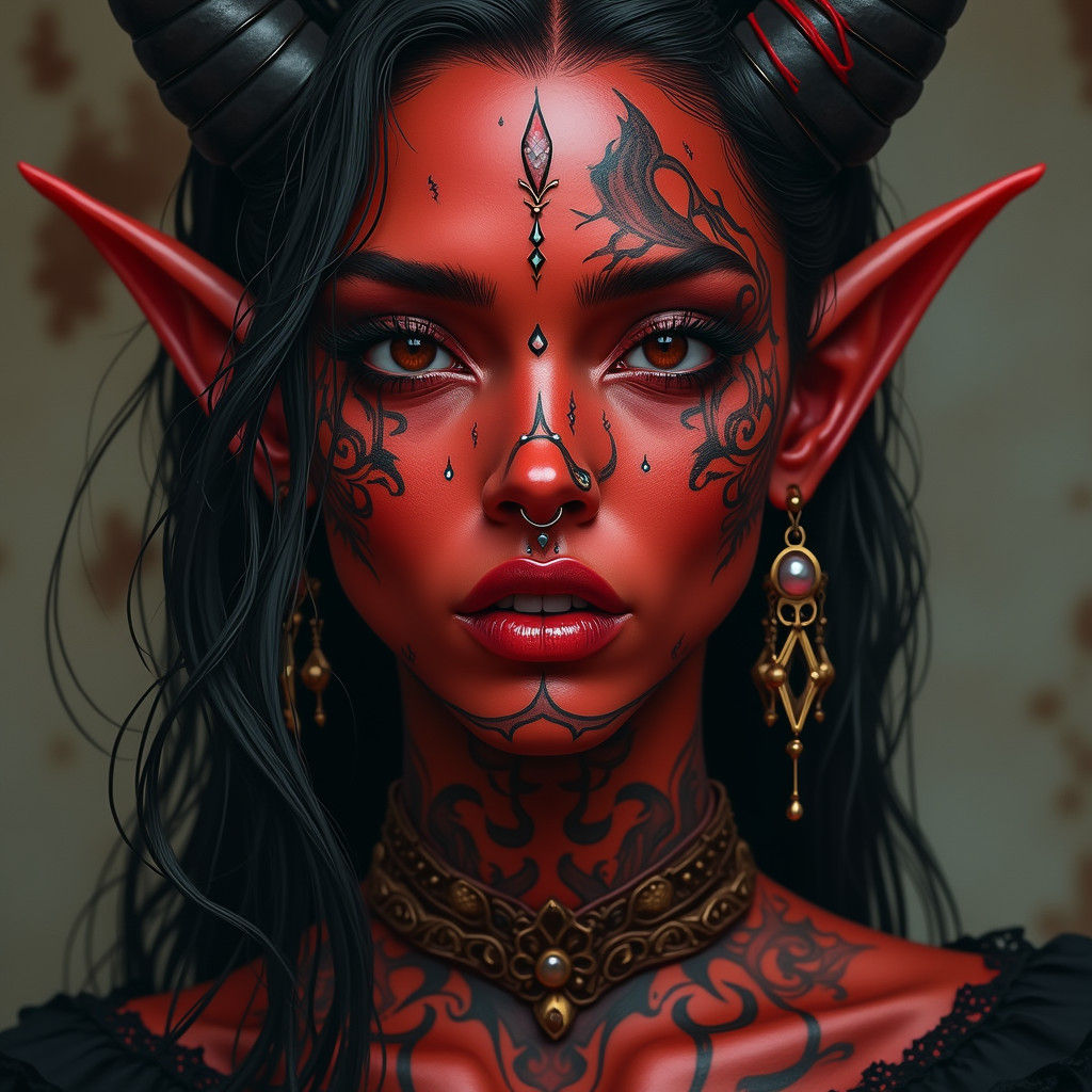 Goth Tiefling Portrait with Septum Ring and Tattoos