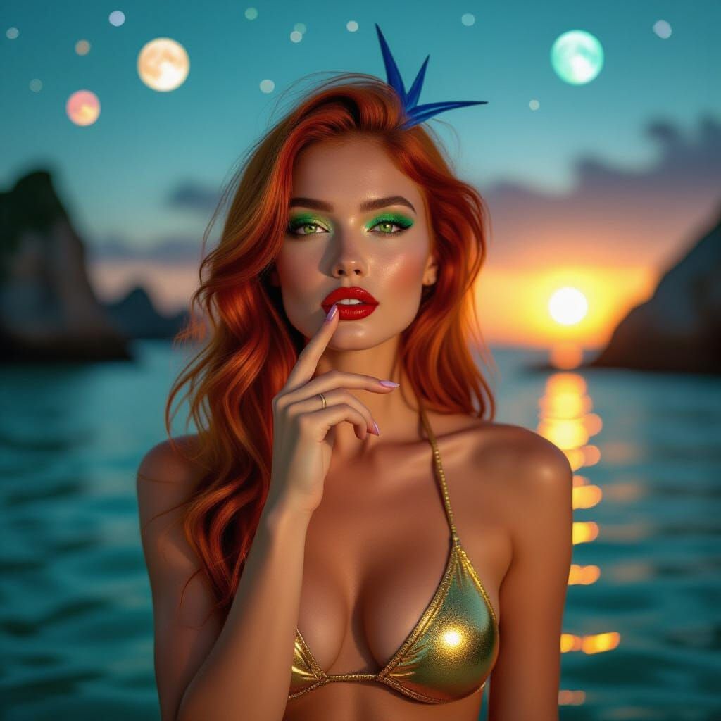 Alien Planet Beauty: Woman in Golden Bikini at Sunset