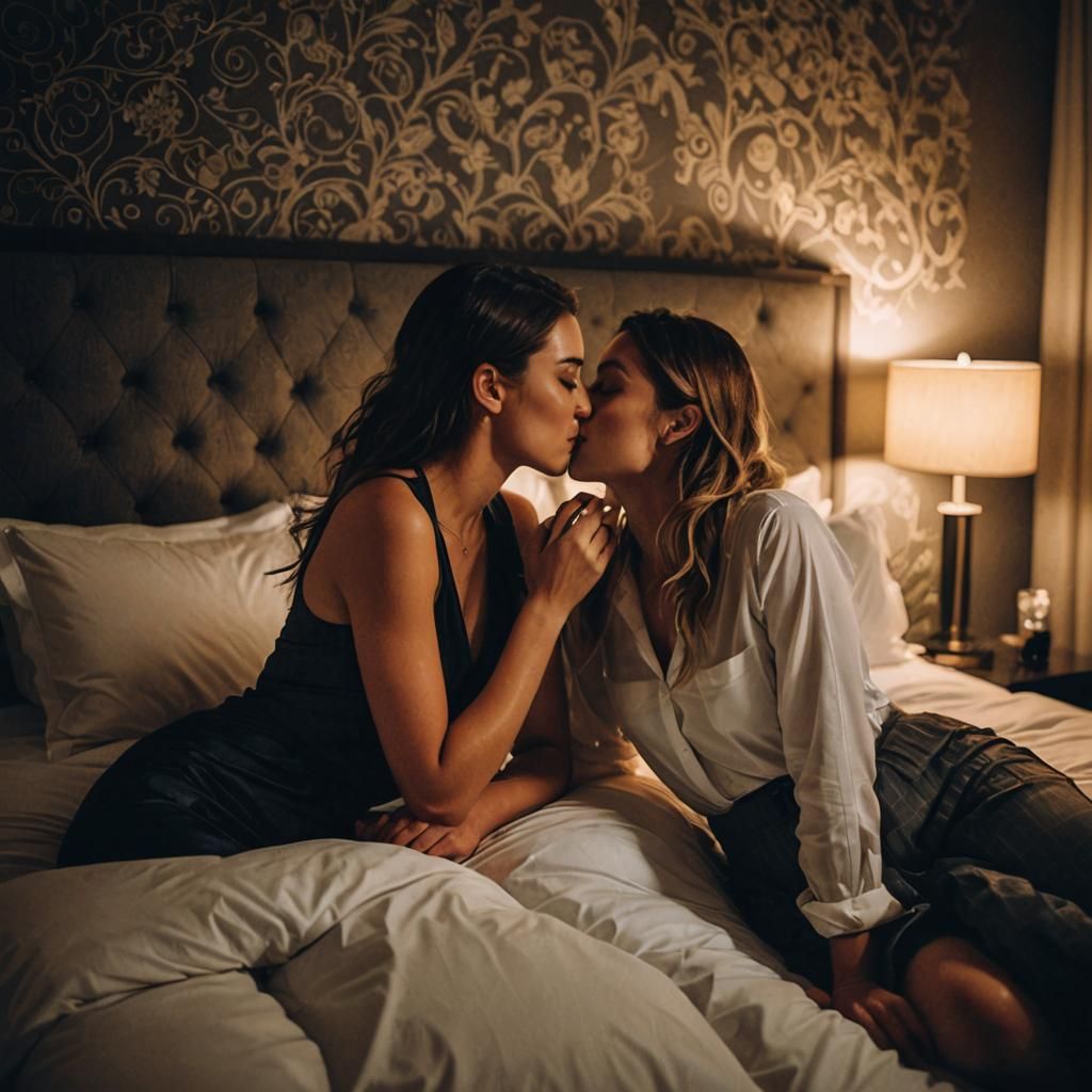 Intimate Kiss in Luxurious Hotel Room at Night